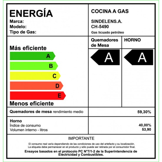 Cocina a Gas CH-5490NI 4 Platos Sindelen